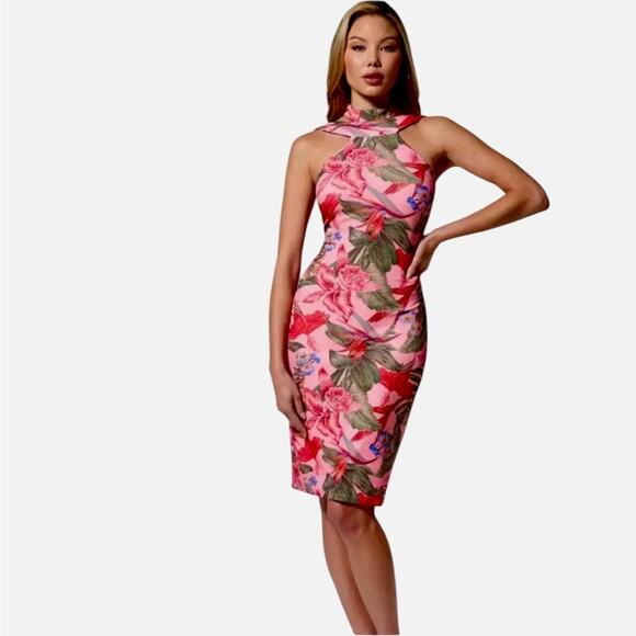 *NWOT Women’s Bebe Choker Neck Print Dress Pink – Sz XL - Picture 1 of 10